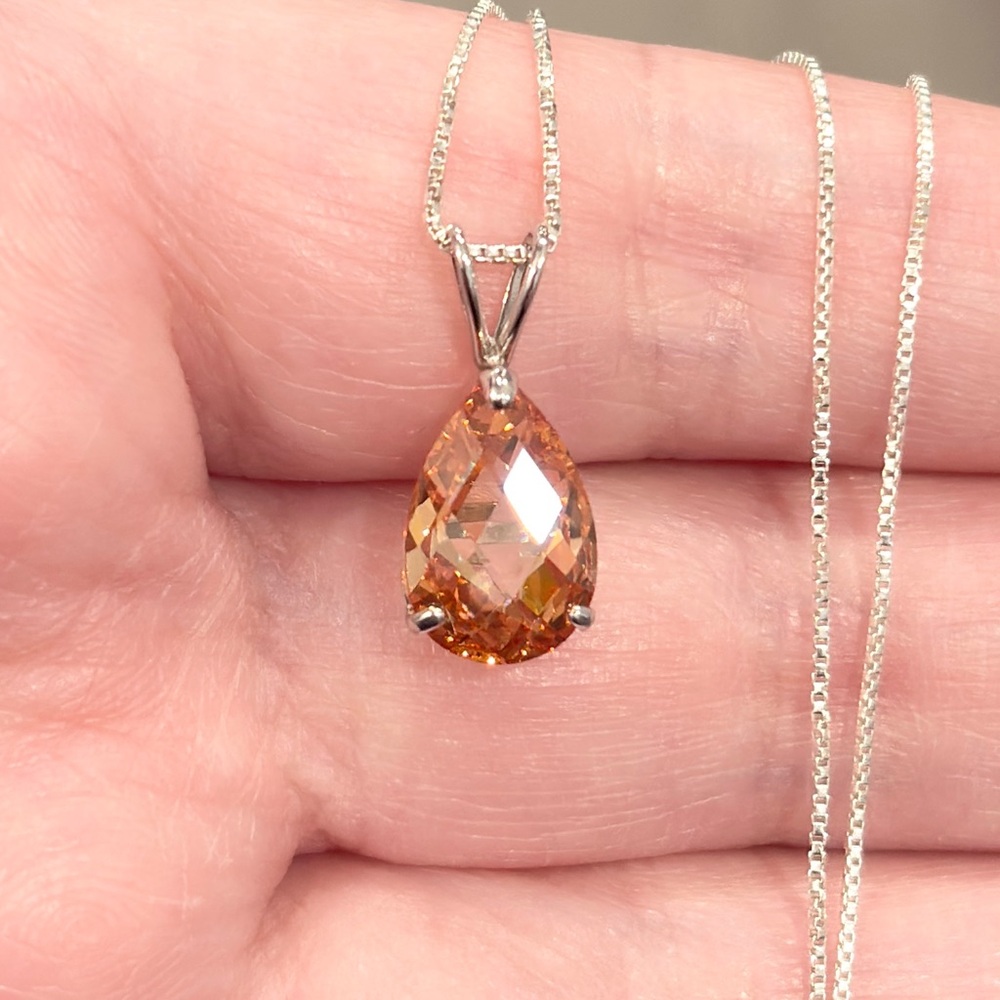 14K Citrine Teardrop Pendant, White Gold, Rose Pear Cut, Yellow Orange Cognac - Picture 7 of 16